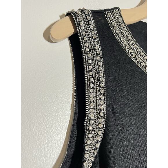 Generation Love NEW Black Linen Lucy Beaded Crystal Back Tie Tank Top Blouse M - Picture 2 of 7